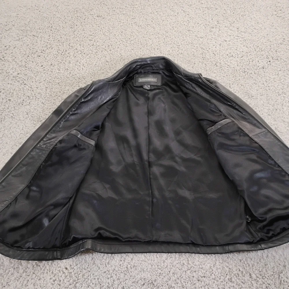Vintage Banana Republic Jacket Mens Medium Black Leather Zip Biker Coat 90s Moto